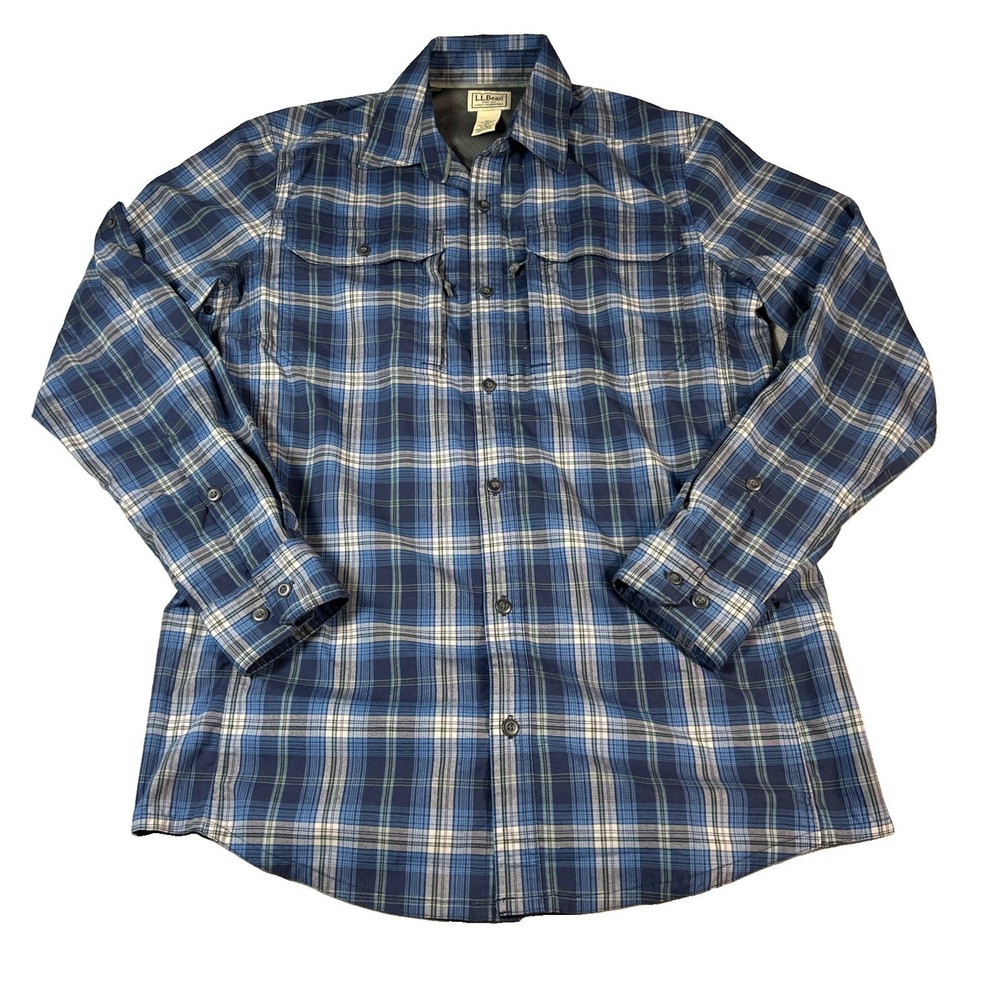 L.L. Bean Men's Medium Tall Plaid Button Down Shirt Zip Pockets Mesh Lining